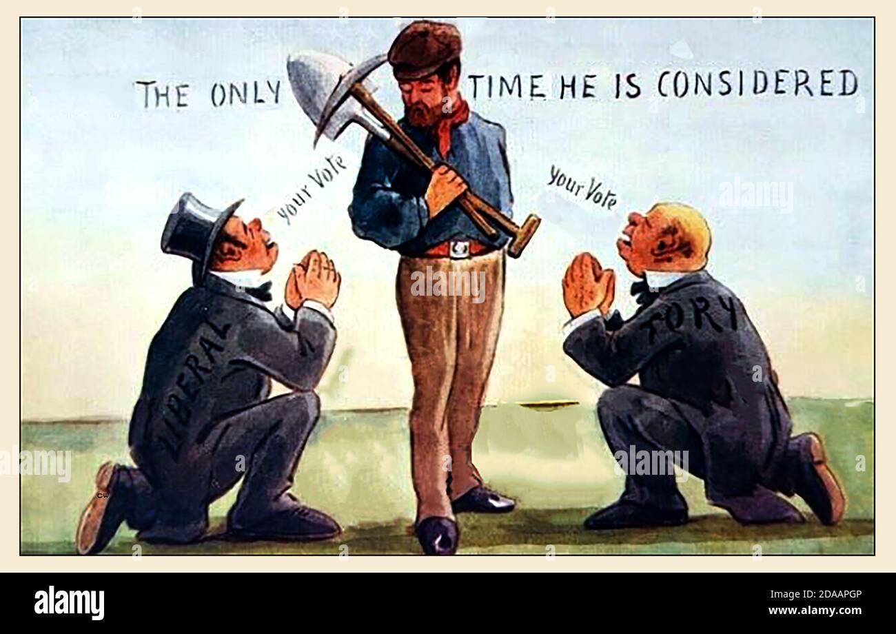 Politics, elections and the working man, An old political cartoon postcard commenting on the fact that the upper classes ignored the working man until they wanted his vote. Stock Photo