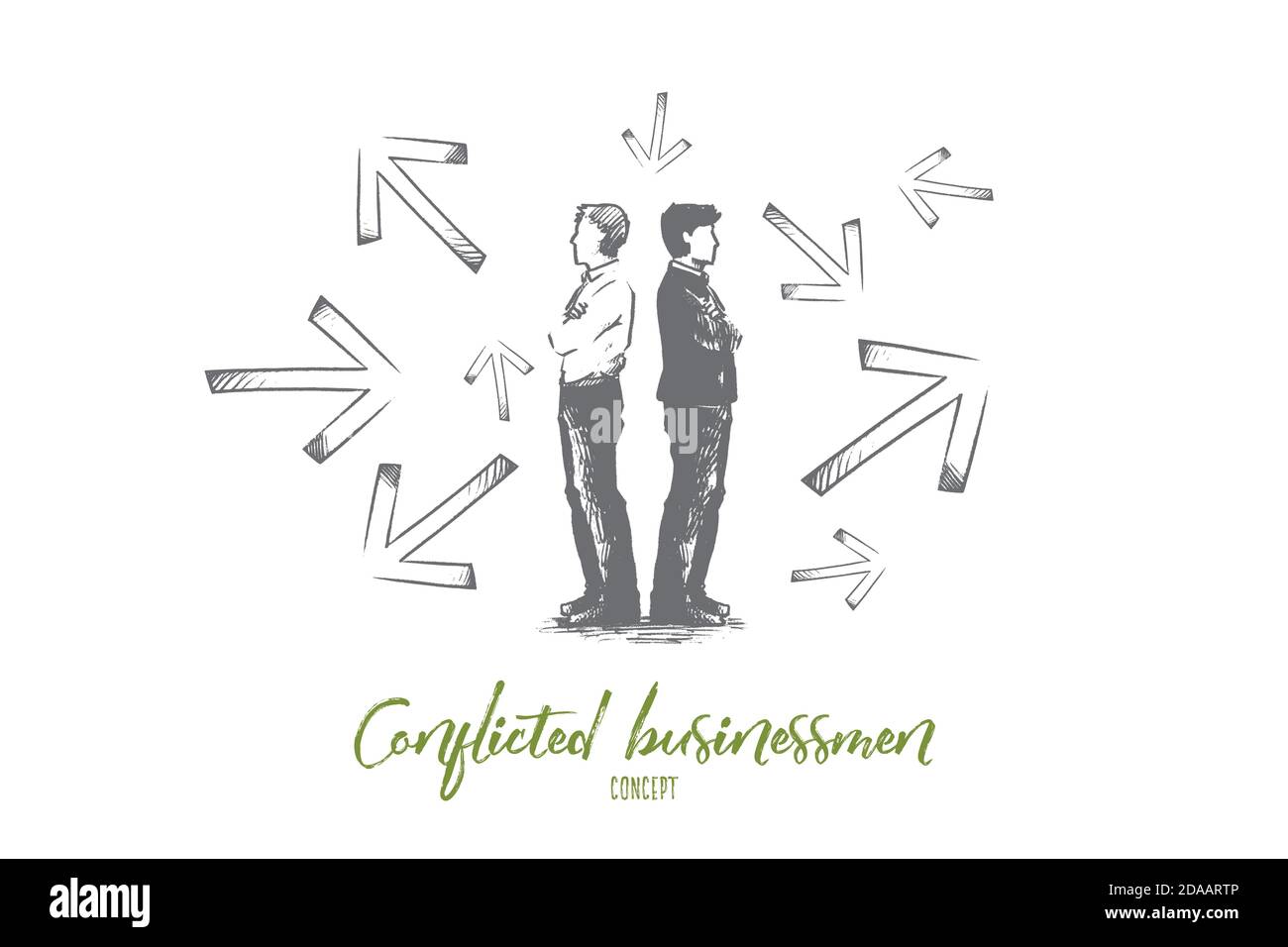 Conflicted businessman concept. Hand drawn isolated vector. Stock Vector