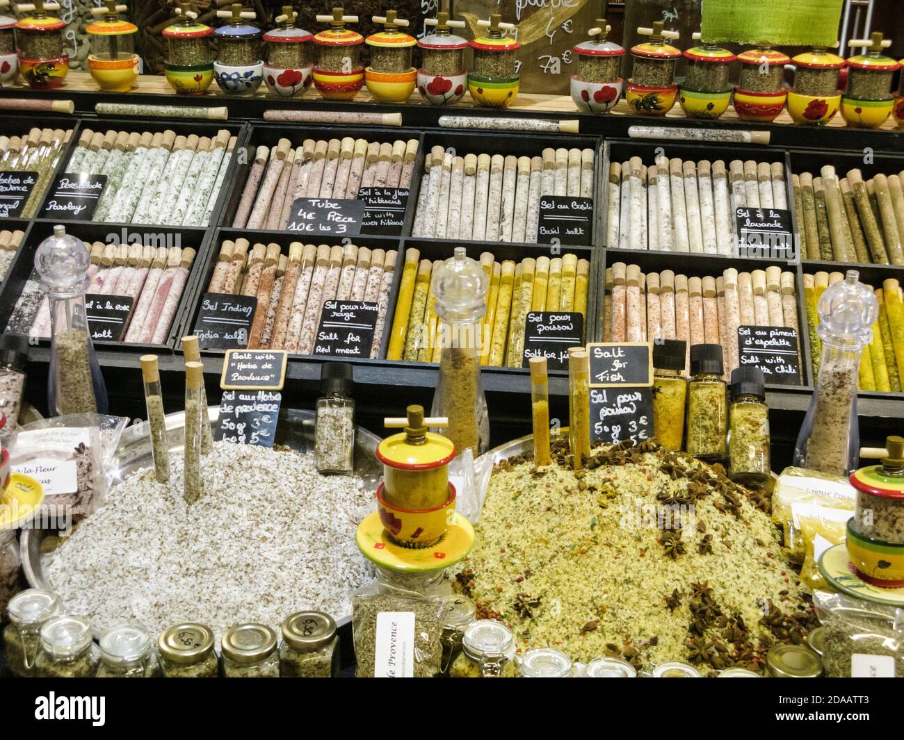 France, Provence, Avignon, Les Halles indoor market, flavoured salt stall Stock Photo