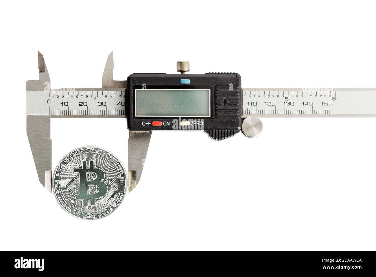 One coin bitcoin measured with a caliper. Concept of international virtual cryptocurrency, finances and management. Isolated on white. Stock Photo