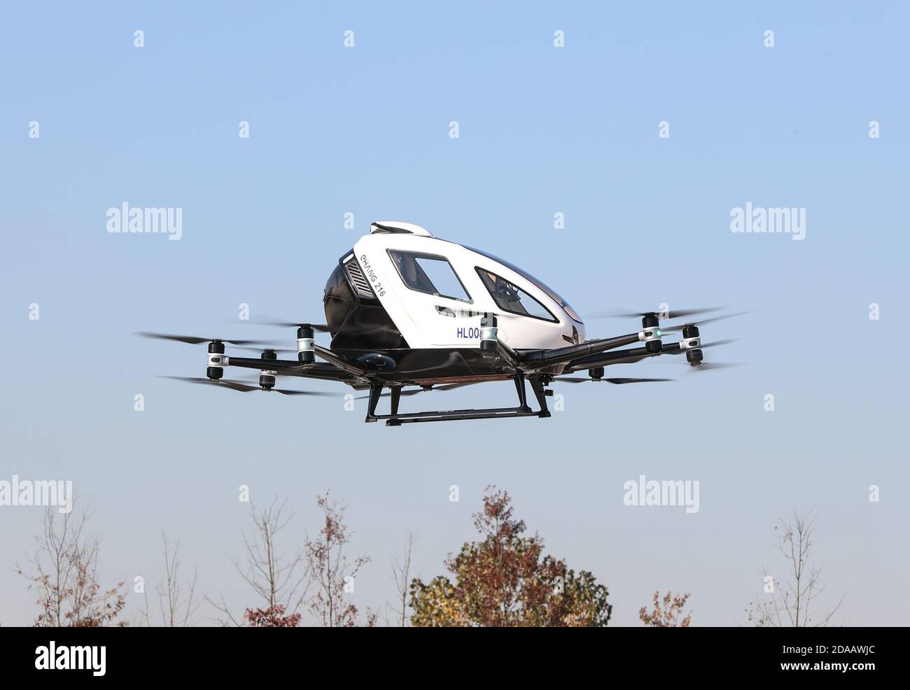 Seoul, South Korea. 11th Nov, 2020. The autonomous aerial vehicle, EHang 216,  produced by China's Ehang company, takes off from a platform at Yeouido  Hangang Park in Seoul, South Korea, Nov. 11,