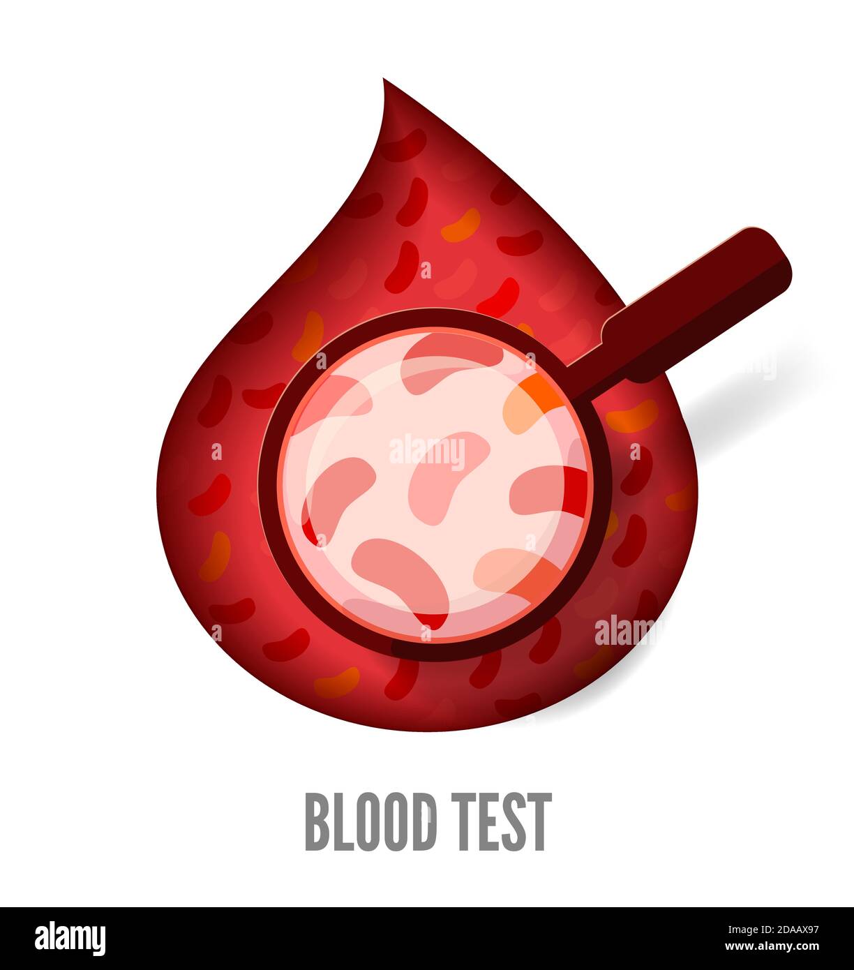 Drop of blood with red blood cells and a magnifying glass. Medical blood test. Vector illustrations, paper art and digital crafts style. Isolated on white background. Stock Vector