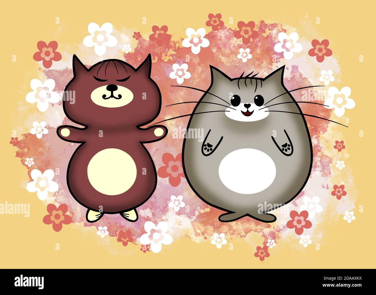 Two funny kawaii cats on a yellow background with brown splashes and flowers. Raster illustration. Stock Photo