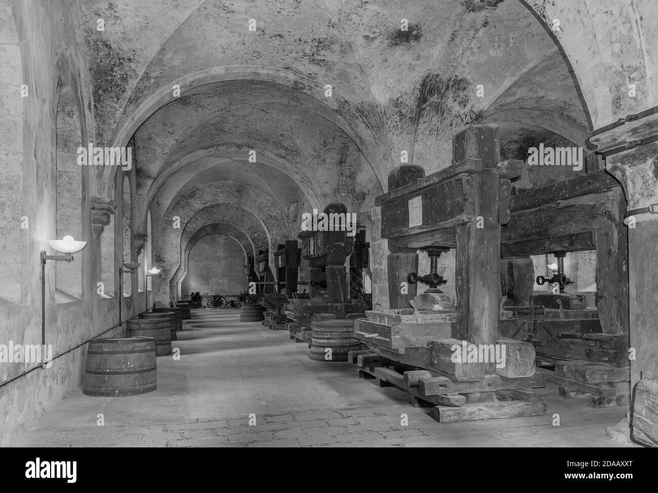 historical wine presses in the lay refectory of the Eberbach monastery, Hessen, Germany Stock Photo
