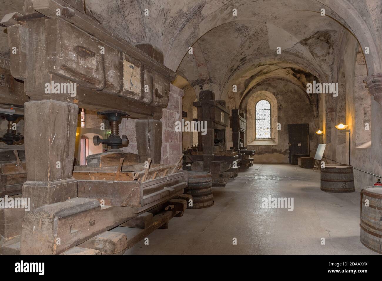 historical wine presses in the lay refectory of the Eberbach monastery, Hessen, Germany Stock Photo