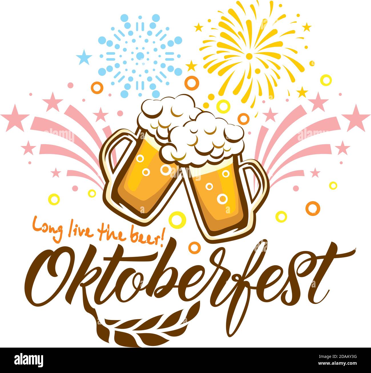 Oktoberfest beer festival fireworks - poster, greeting card with beer mugs, wheat ears and slogan Stock Vector