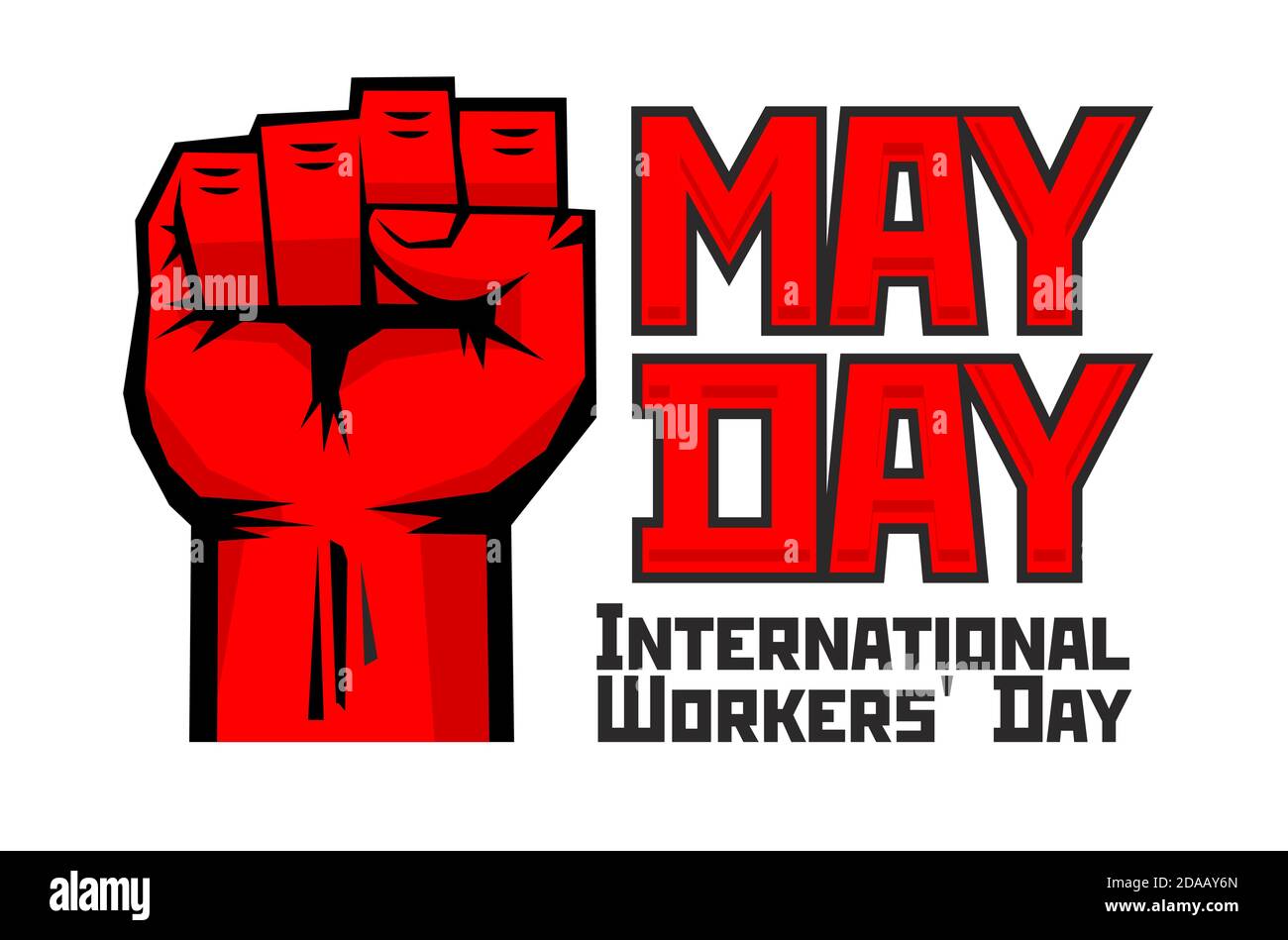 May Day greeting card for International Workers' Day. May 1 - symbol of revolutionary protest is red clenched fist raised up. Illustration, vector Stock Vector