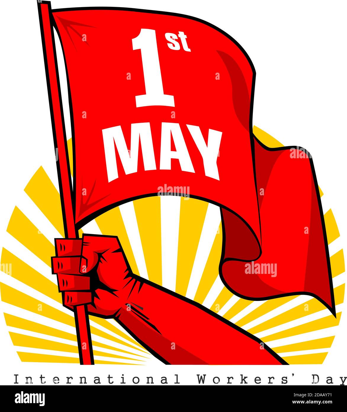 Happy labour day vector label with strong red fist with red flag on sunrise  background. Happy labor day, workers' day, may day poster or greeting card  Stock Vector Image & Art -