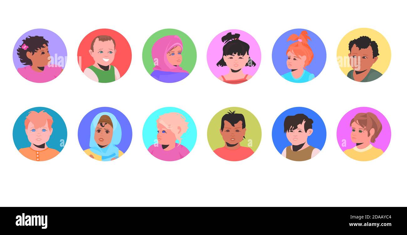 set mix race children avatars little kids faces collection male female