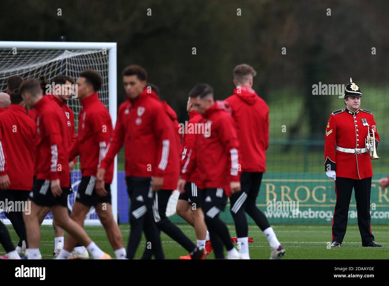 Wales players prepare to mark the 11th hour on the 11th day of 11th month on Armistice day 2020. Wales football team training session at the Vale Resort, Hensol, near Cardiff on Wednesday 11th November 2020. The team are preparing for their next match, a friendly against USA tomorrow. this image may only be used for Editorial purposes. Editorial use only, license required for commercial use. No use in betting, games or a single club/league/player publications. pic by Andrew Orchard/Andrew Orchard sports photography/Alamy Live news Stock Photo
