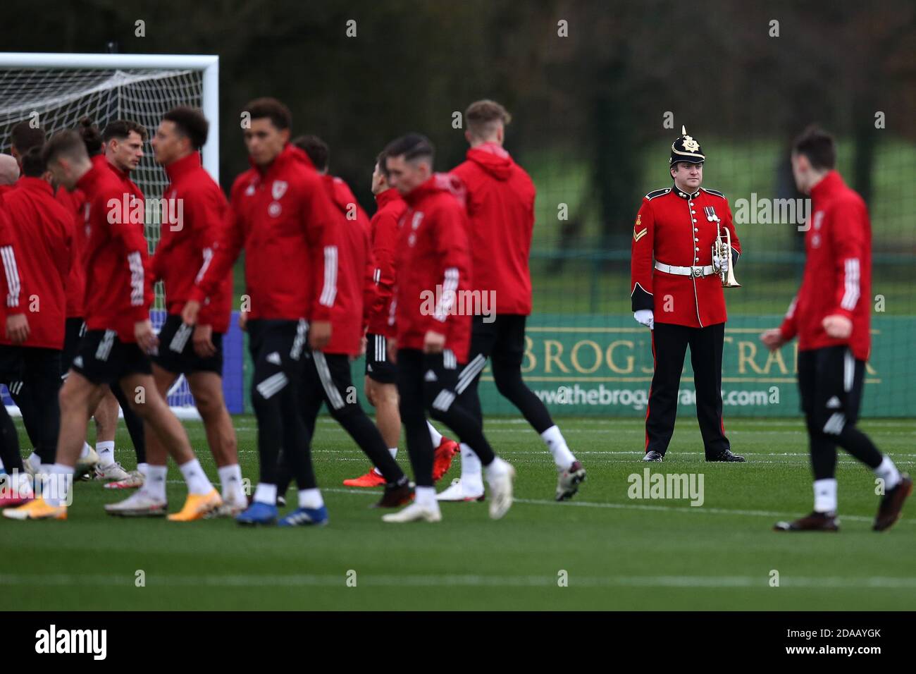 Wales players prepare to mark the 11th hour on the 11th day of 11th month on Armistice day 2020.Wales football team training session at the Vale Resort, Hensol, near Cardiff on Wednesday 11th November 2020. The team are preparing for their next match, a friendly against USA tomorrow. this image may only be used for Editorial purposes. Editorial use only, license required for commercial use. No use in betting, games or a single club/league/player publications. pic by Andrew Orchard/Andrew Orchard sports photography/Alamy Live news Stock Photo