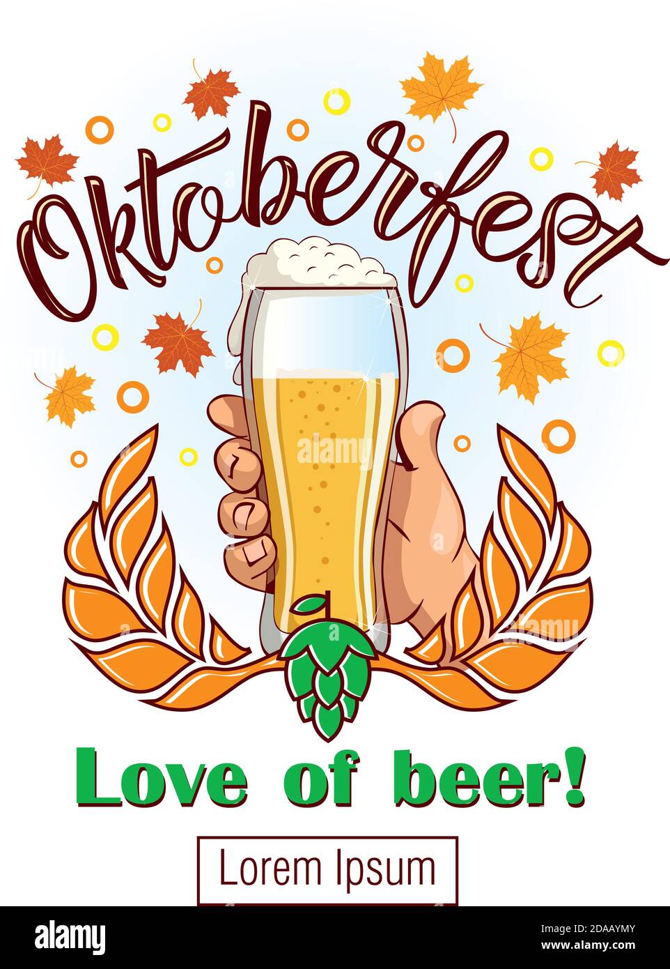 Oktoberfest beer festival - glass of beer in his hand, autumn leaves and motto. Banner in retro style Stock Vector