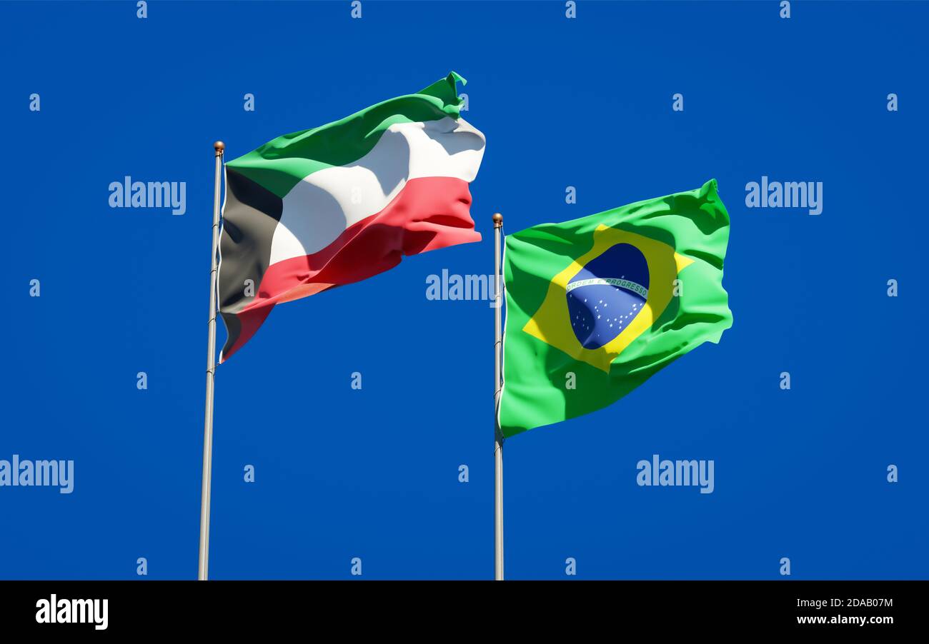 Beautiful national state flags of Kuwait and Brasil together at the sky ...