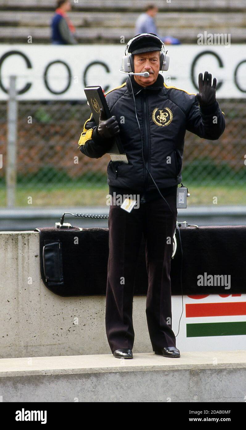 Colin Chapman at the Belgium Grand Prix at Zolder 1982 Stock Photo