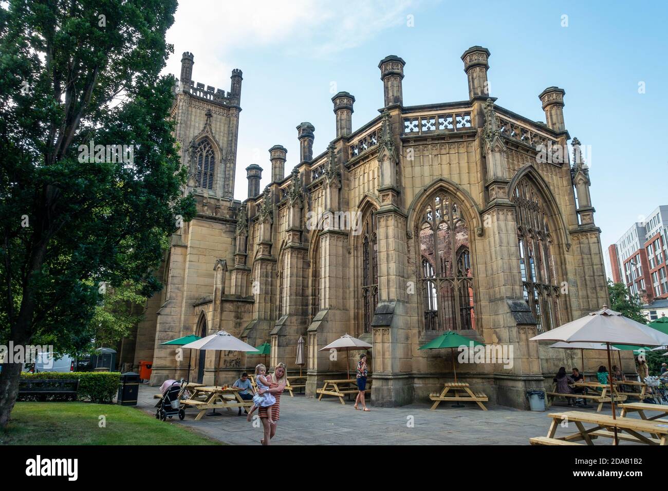 Temporary outdoor drinking venue in grounds of St Luke's Church, known locally as the bombed-out church, in Liverpool, England, UK Stock Photo
