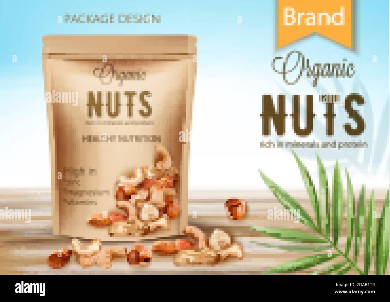 Package with organic product surrounded by palm leaf and nuts. Rich in