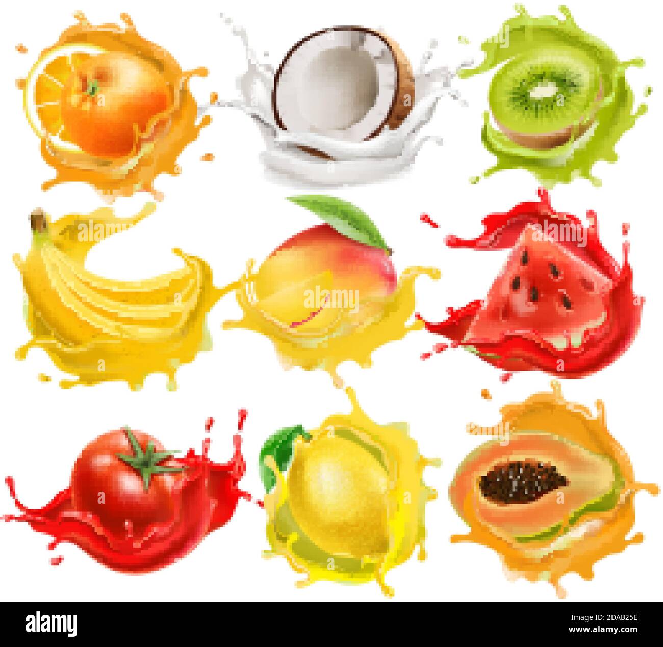 Set of tropical fruits and vegetables splashing in juice. Orange
