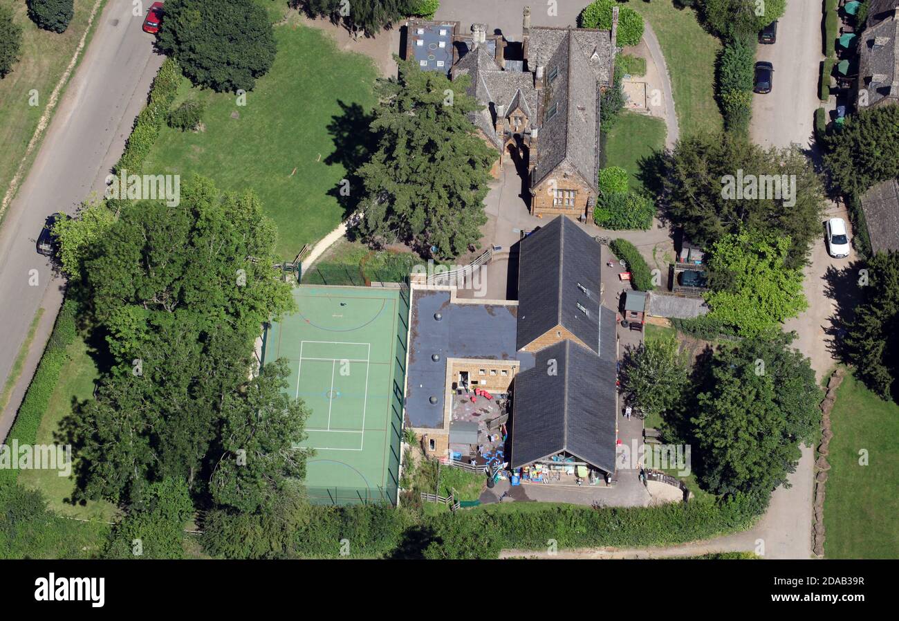 aerial view of Great Tew Primary School in the village of Great Tew near Chipping Norton, Oxfordshire, UK Stock Photo