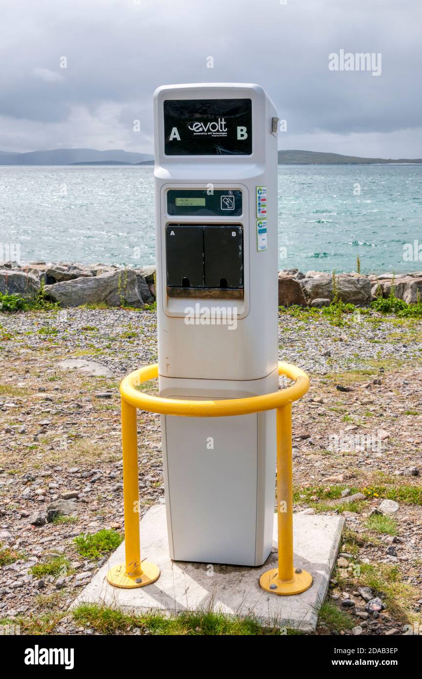 A remote evolt electric vehicle charging point in the Outer Hebrides. Stock Photo