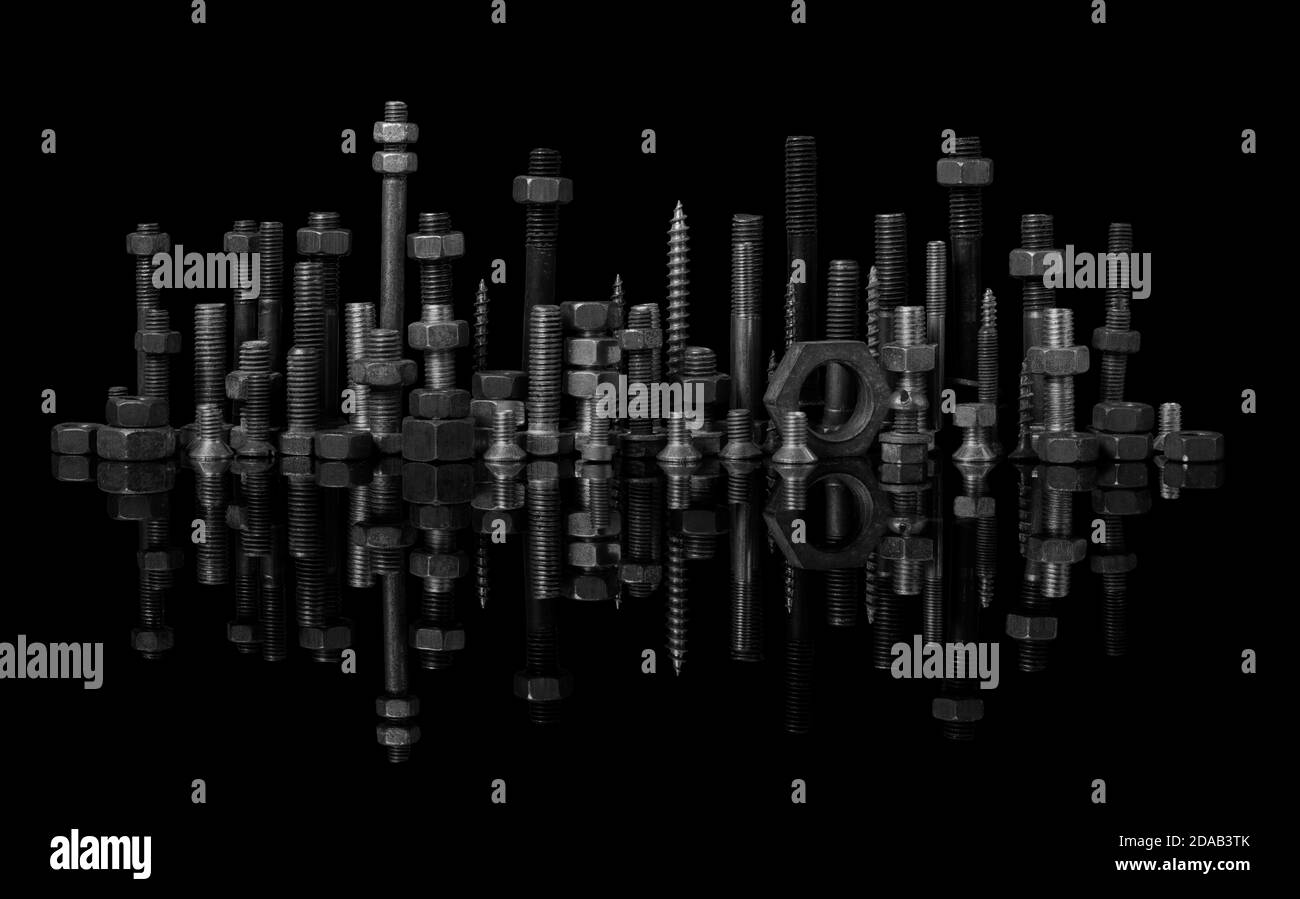 Various screws, nuts and bolts to resemble a cityscape skyline, black