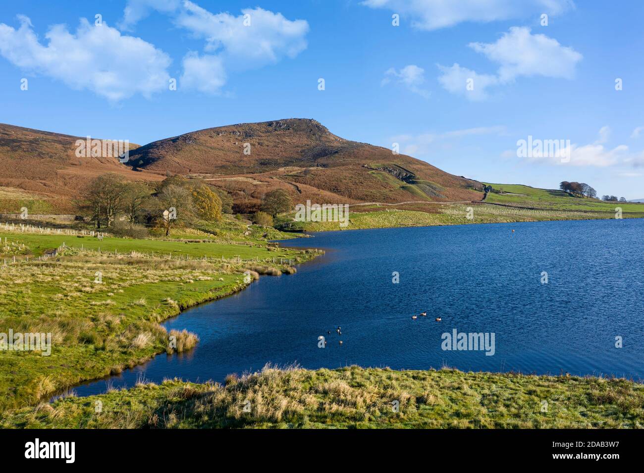 embsay reservoir and embsay crag near skipton north yorkshire aerial view from drone Stock Photo