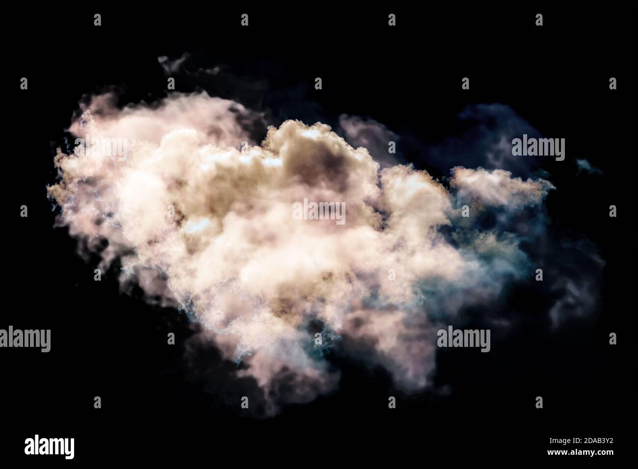 Single white sunset cloud isolated on black background. Template for adding sky to your photos - just add clouds in lightning blending mode. Stock Photo