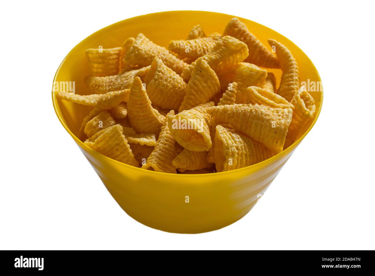 Walkers Bugles cheese flavour corn snack in colourful yellow bowl