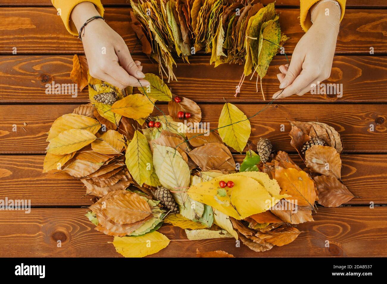 Fall decorations handmade with natural materials. Making garland with vibrant colorful autumn