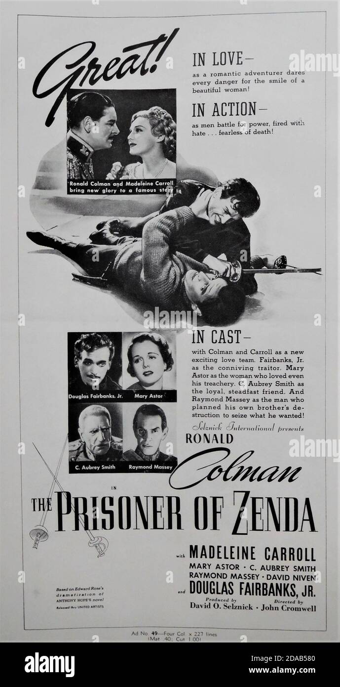 RONALD COLMAN MADELEINE CARROLL DOUGLAS FAIRBANKS Jr MARY ASTOR C.AUBREY SMITH and RAYMOND MASSEY in THE PRISONER OF ZENDA 1937 director JOHN CROMWELL novel Anthony Hope screenplay John L. Balderston music Alfred Newman costumes Ernest Dryden art direction Lyle R. Wheeler producer David O. Selznick  Selznick International Pictures / United Artists Stock Photo