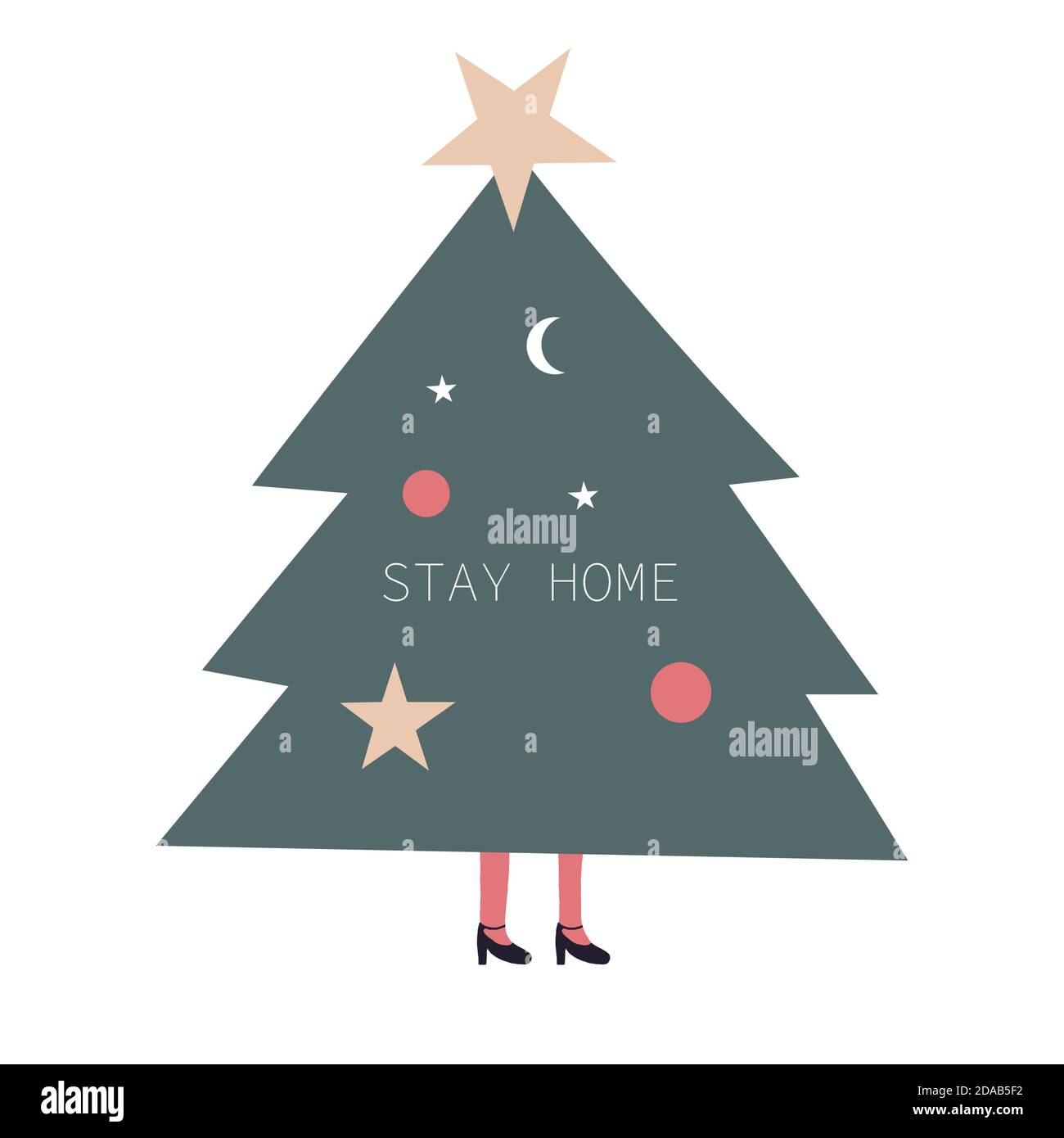 Funny Christmas Tree with golden star. Merry Christmas & Stay Home Stock Photo