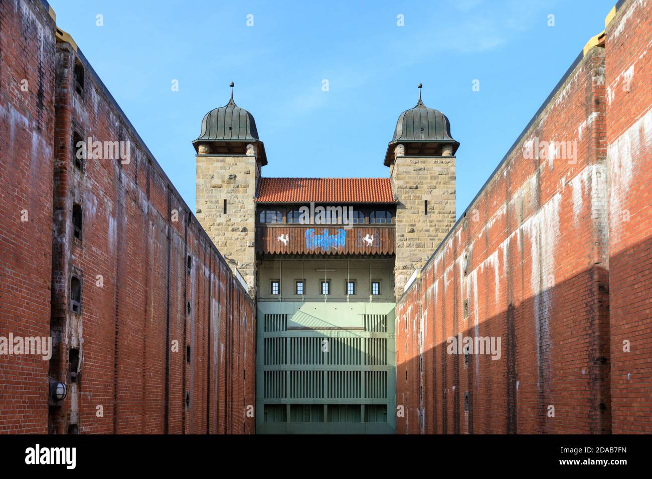 Old shaft lock, part pf Henrichenburg boat lift, Industrial Heritage site by Dortmund Ems Canal, North Rhine-Westphalia, Germany Stock Photo