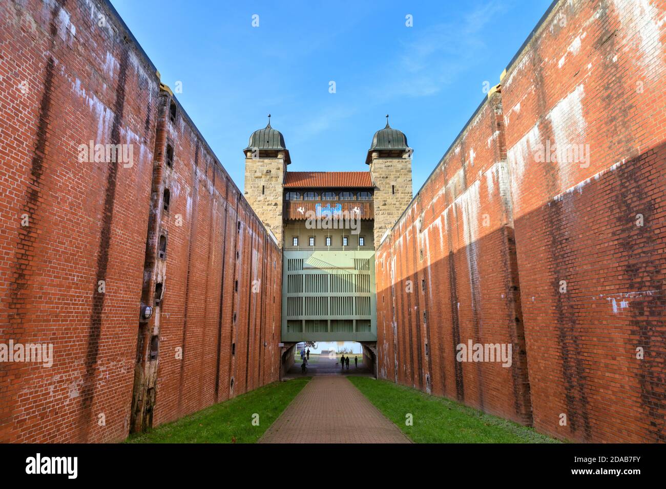 Old shaft lock, part pf Henrichenburg boat lift, Industrial Heritage site by Dortmund Ems Canal, North Rhine-Westphalia, Germany Stock Photo
