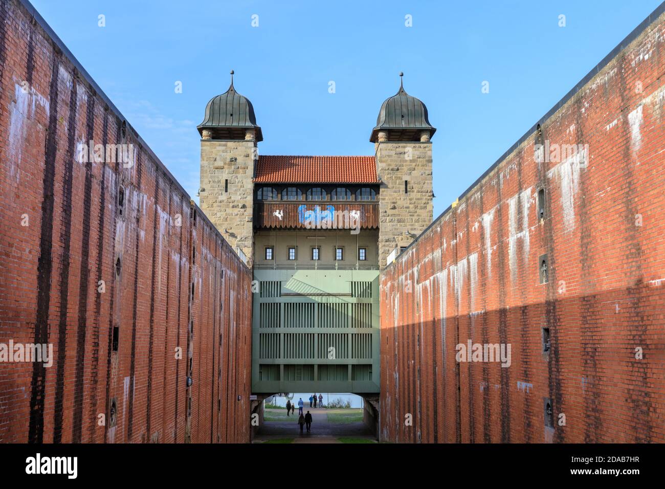 Old shaft lock, part pf Henrichenburg boat lift, Industrial Heritage site by Dortmund Ems Canal, North Rhine-Westphalia, Germany Stock Photo