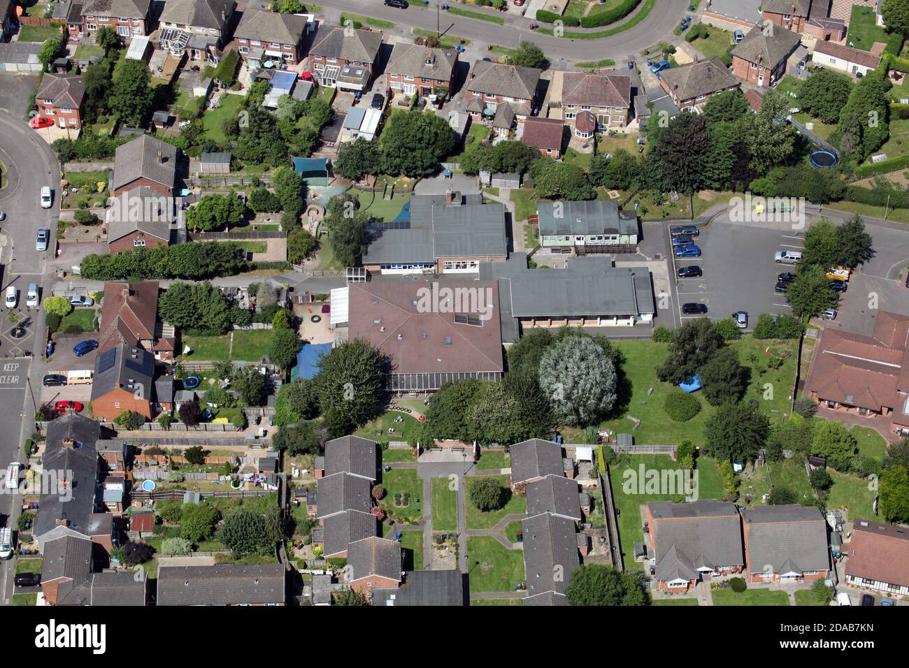 aerial view of the East Street Centre (a children's centre) & the Grimsbury Family Association Nursery school. Banbury, Oxfordshire, UK Stock Photo
