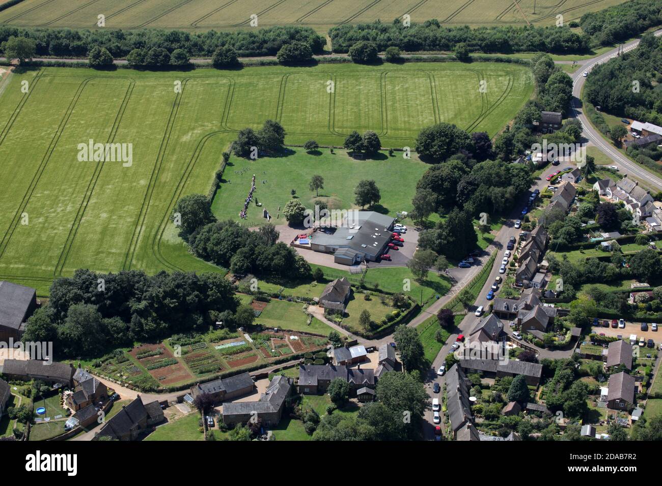 aerial view of Wroxton Primary School on a lovely sunny Sports Day Stock Photo