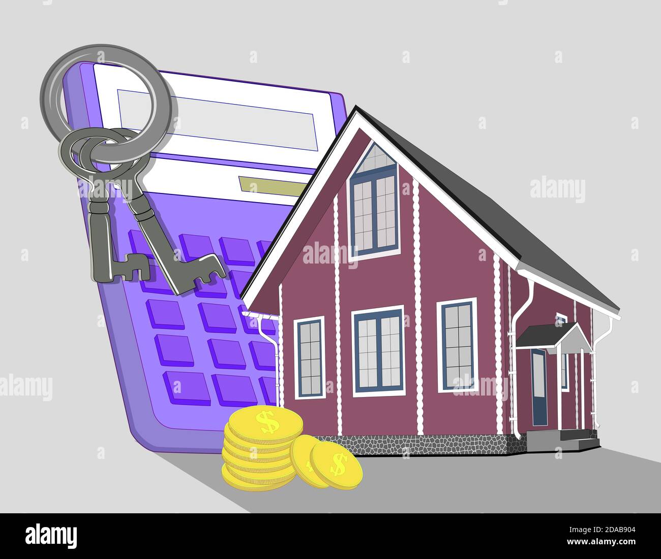 The concept of mortgage. Mortgage or real estate investment. Home. Money. Calculator. House key. Vector Stock Vector