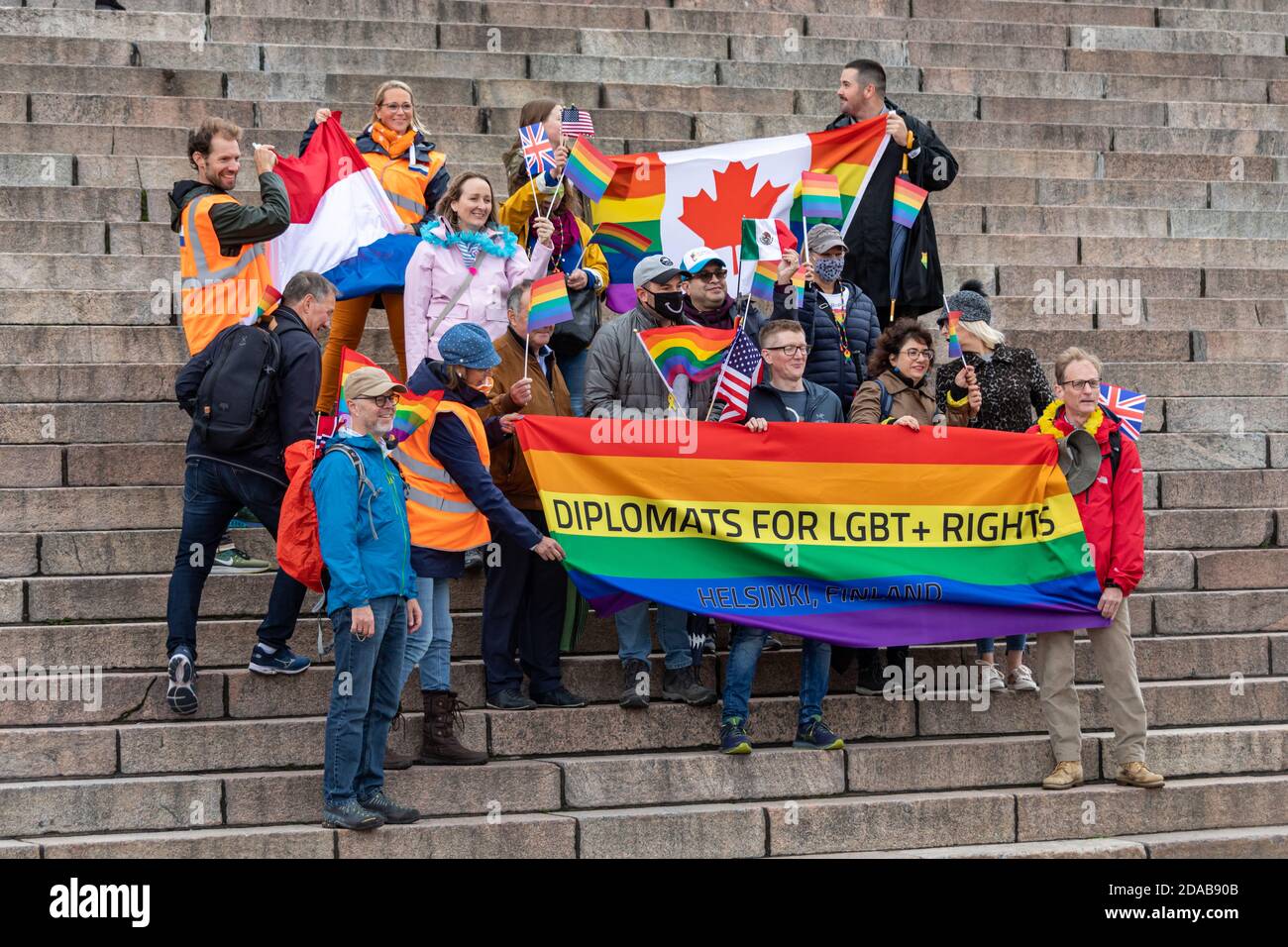 Diplomats for LGBT+ rights during Helsinki Pride 2020 on Helsinki Cathedral steps by Senate Square Stock Photo