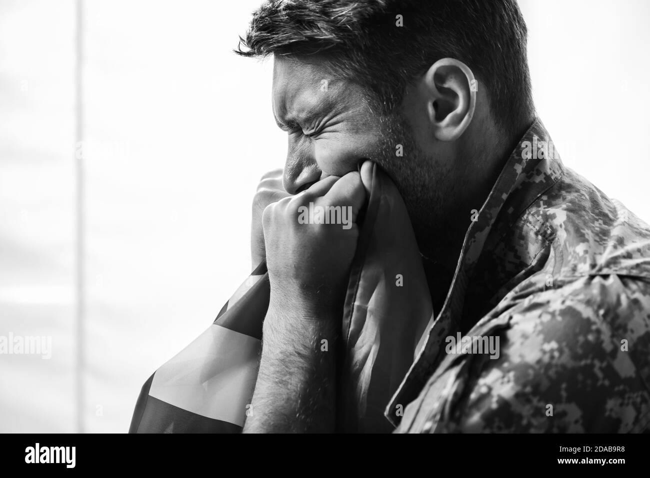 soldier crying black and white