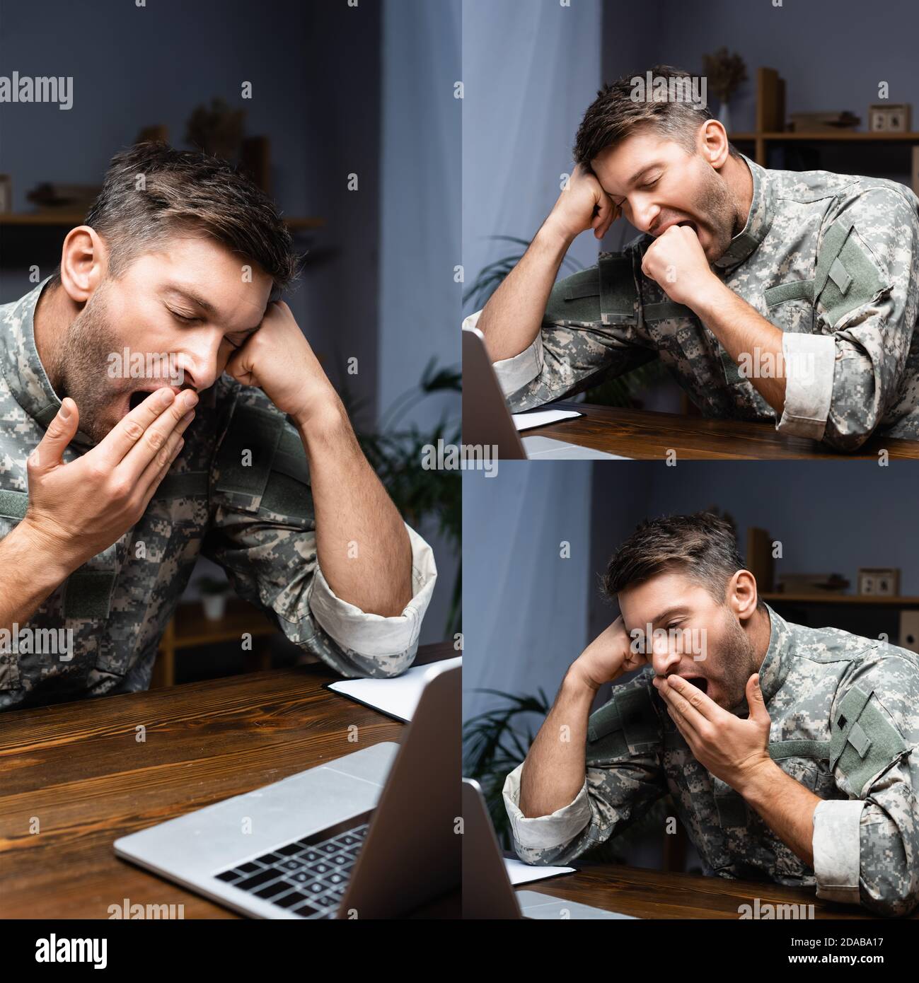 collage of tired military man in uniform yawning near laptop at desk ...