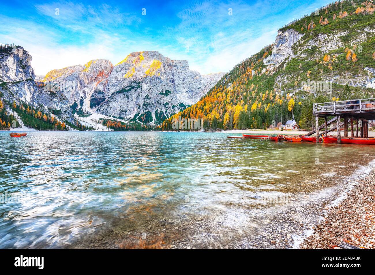 Amazing Scenery Of Famous Alpine Lake Braies At Autumn During Sunrise Amazing Scenery Of Famous Alpine Lake Braies At Autumn During Sunrise
