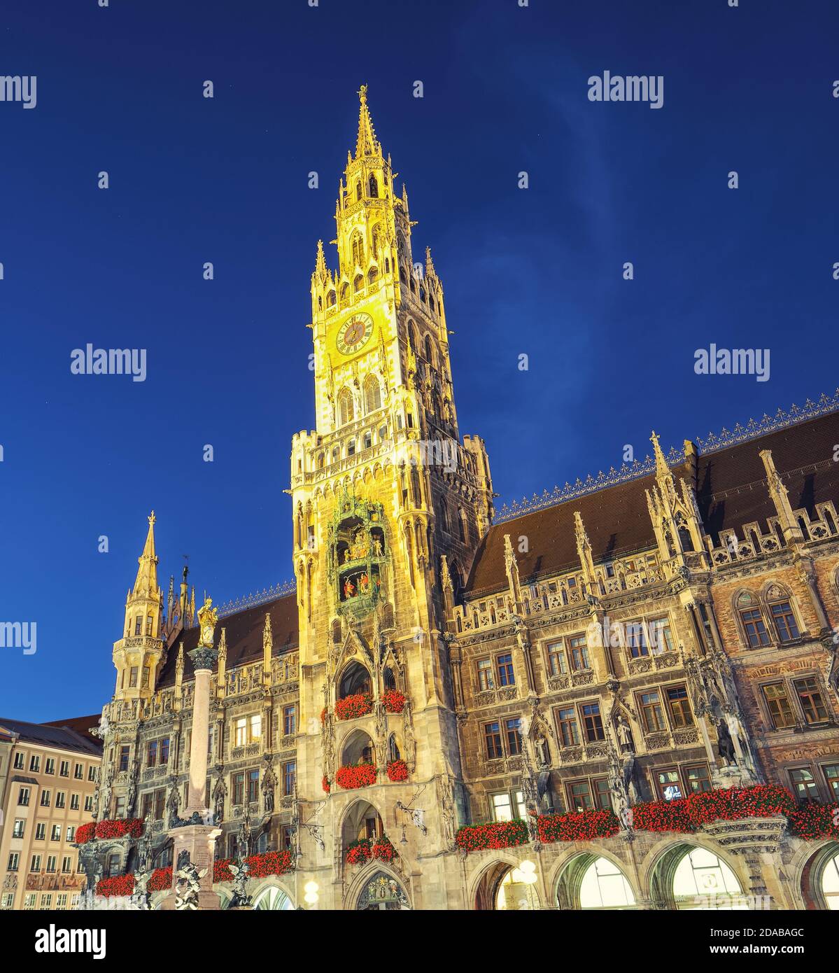 Fantastic night view of facade of Gothic Rathaus or Town Hall of Munich
