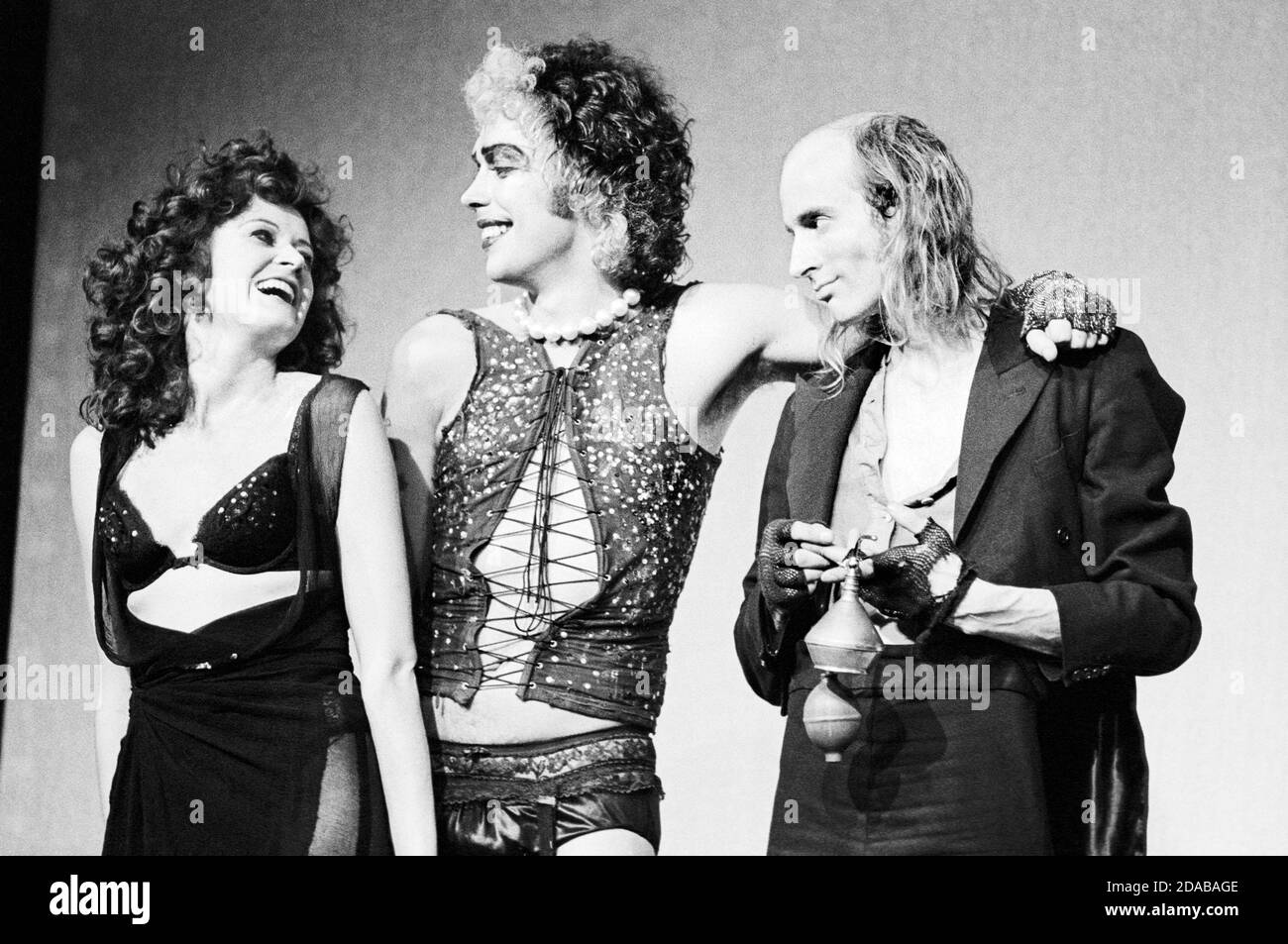 l-r: Patricia Quinn (Magenta), Tim Curry (Frank-n-furter), Richard O'Brien (Riff Raff) in THE ROCKY HORROR SHOW at the Chelsea Classic Cinema, London SW3 14/08/1973  transfer from the the Theatre Upstairs, Royal Court Theatre  book, music & lyrics by Richard O'Brien  set design: Brian Thomson  costumes: Sue Blane  lighting: Gerry Jenkinson  director: Jim Sharman Stock Photo