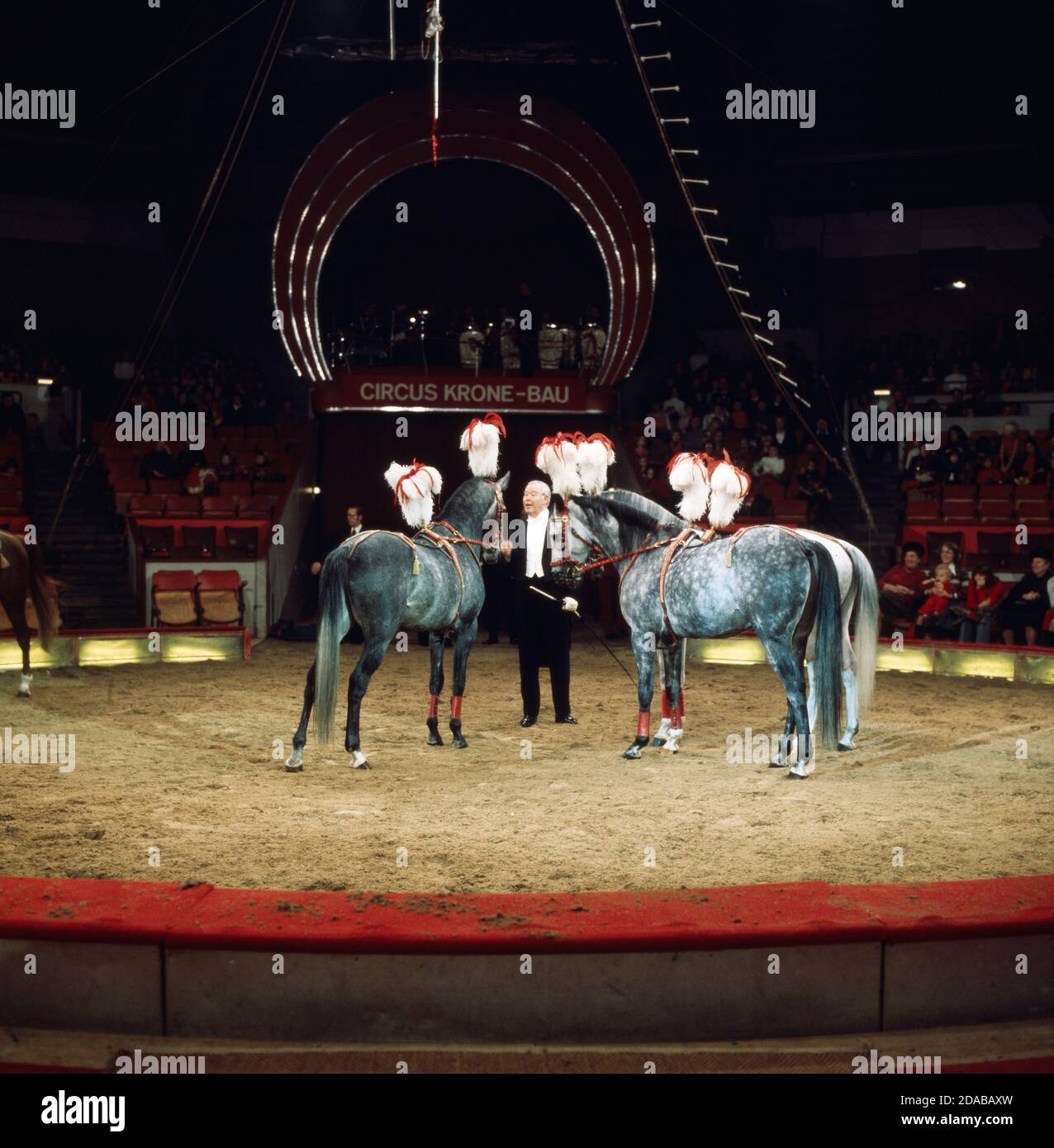 Carl Sembach mit seiner Pferdedressur, 1976. Carl Sembach presenting his dressage-program with horses, 1976. Stock Photo