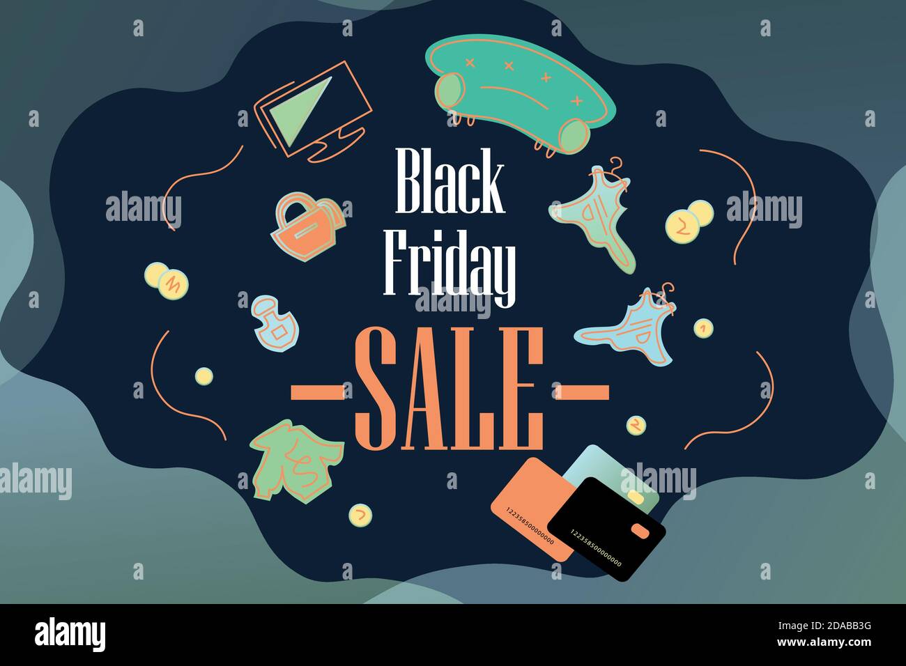 Black Friday 2020, online shoppig Facebook cover, smart consumption web banner. Vector illustration buying consume things: sofa, clothes, shoes, cosme Stock Vector
