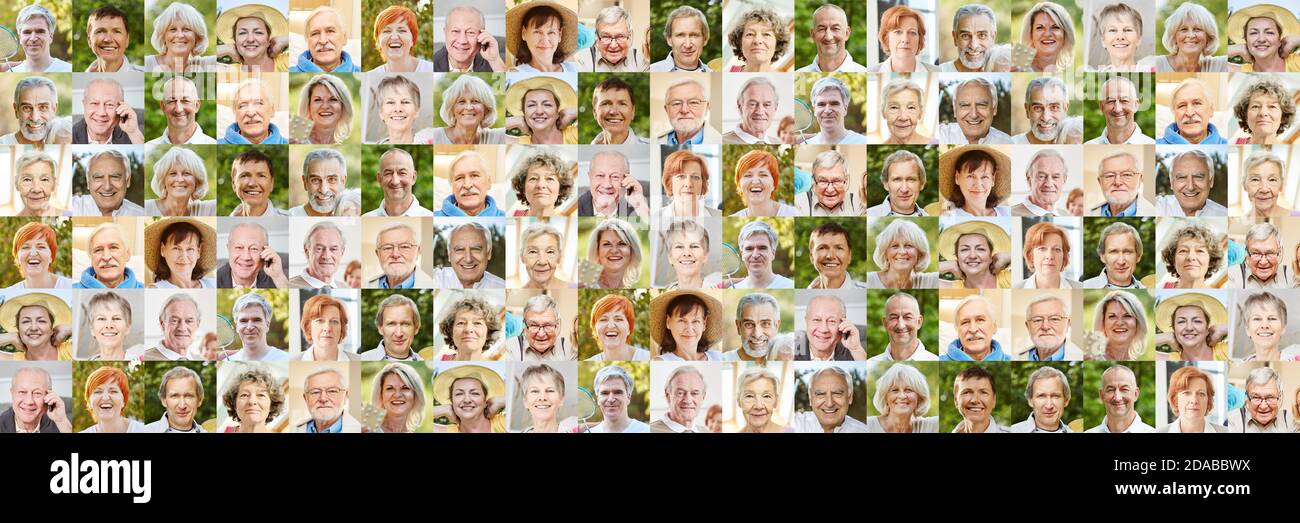 Panorama Seniors Portrait Collage as Concept for Age, Society, Retirement and Community Stock Photo