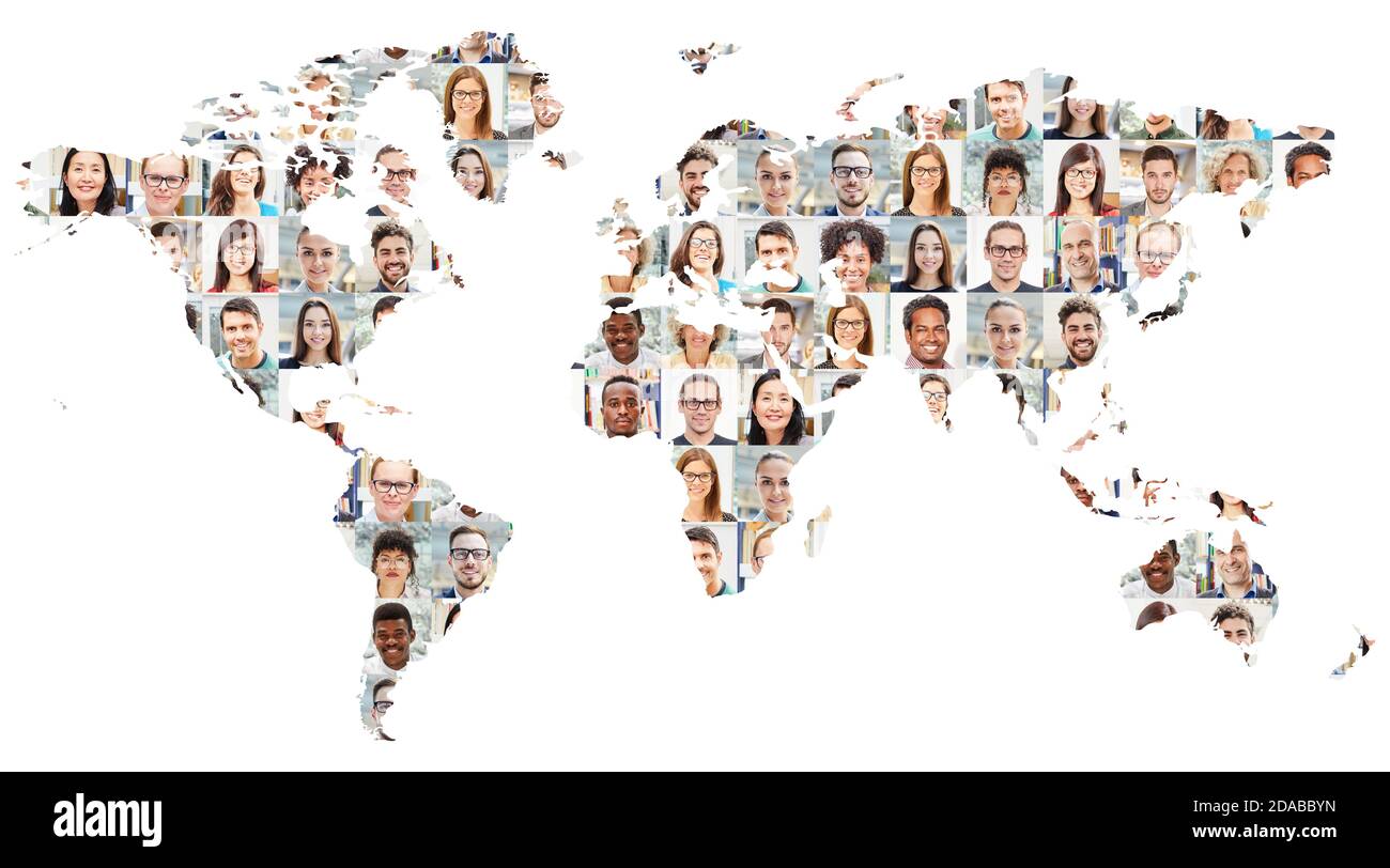 Portrait collage with business people on world map as a business team and globalization concept Stock Photo