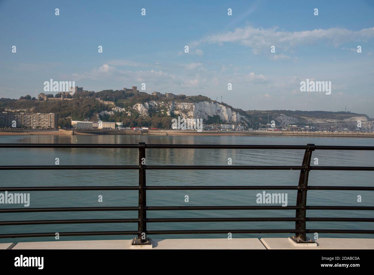 Dover, Kent, England, UK. 2020. View from the western docks of Dover Castle the White Cliffs and