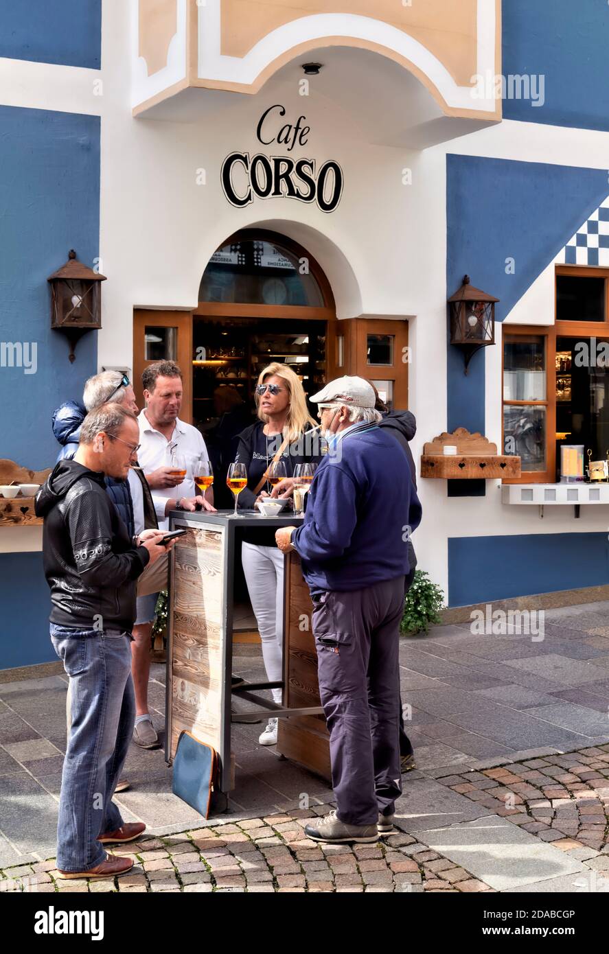 Ortisei Valgardena South Tyrol Italy. The streets of the town in a summer day. Aperitif time Stock Photo