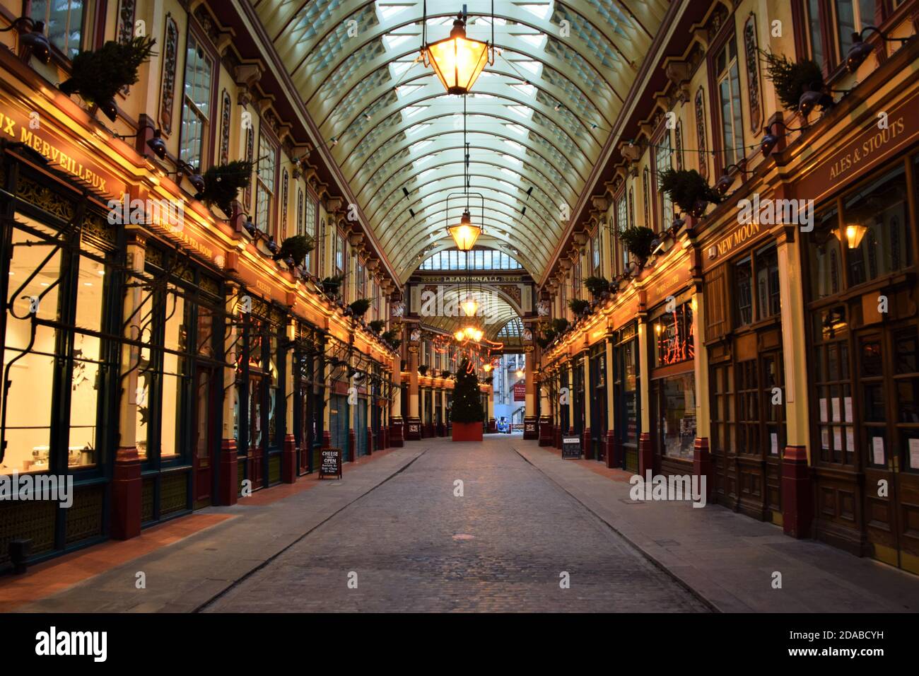Closed shops in an empty Leadenhall Market, London during the second