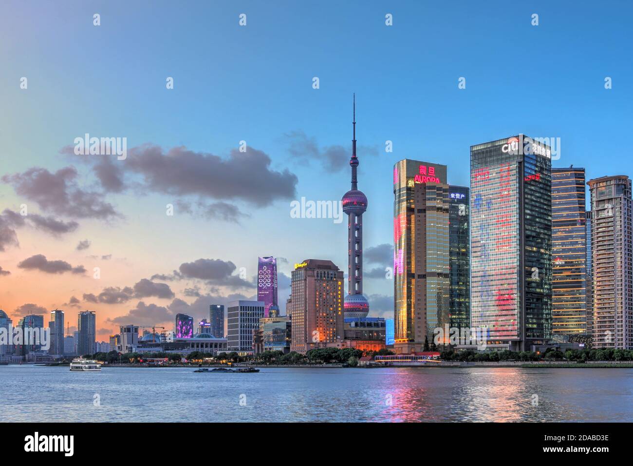 Sunset over Pudong skyscrappers in Shanghai, China Stock Photo